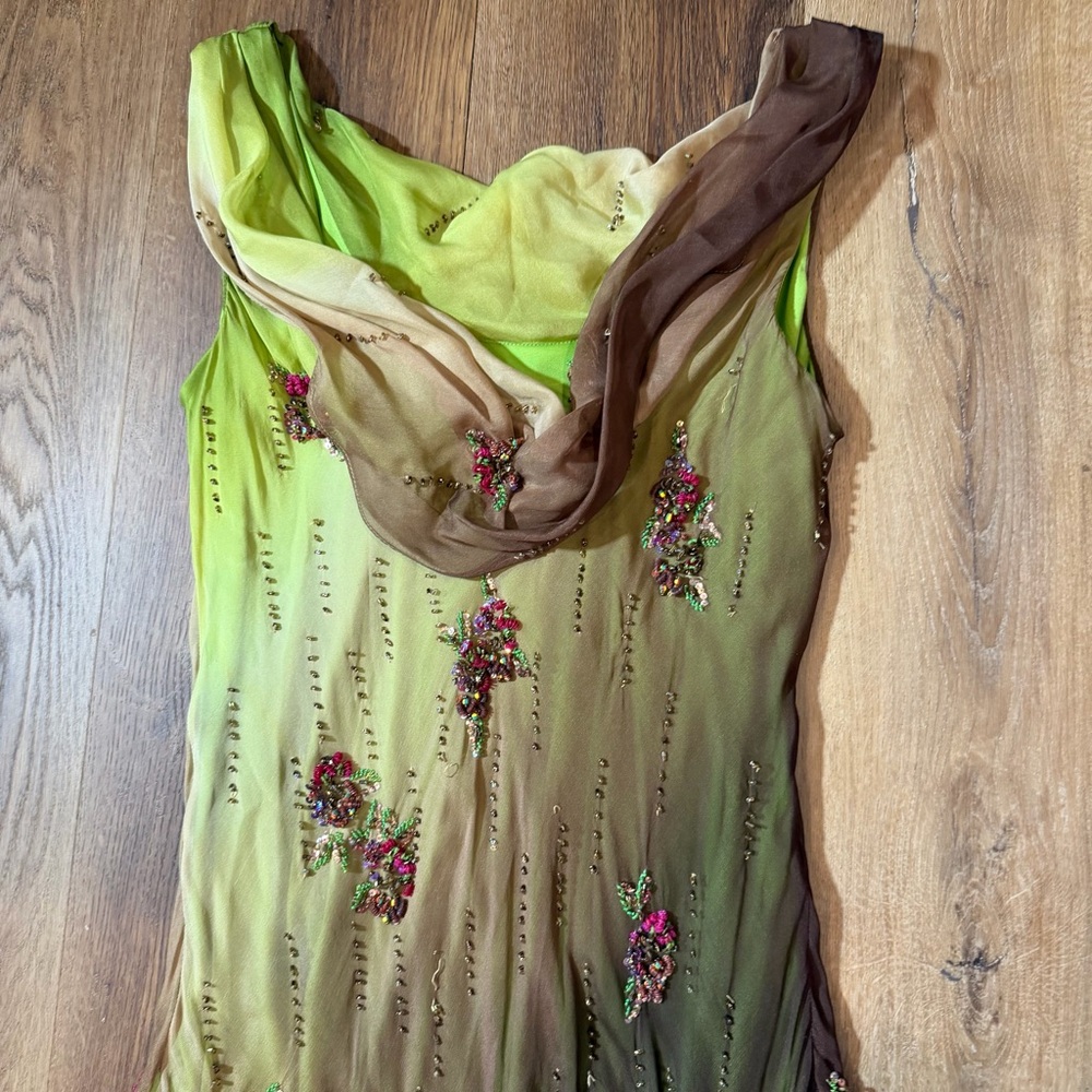 Vintage Y2K 100% Silk Beaded Dress Vintage Beaded Dress Fairy Prom Green Ombré - Picture 15 of 17